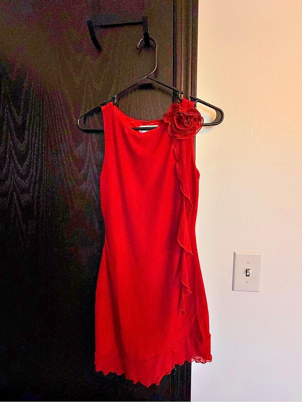 Princess Polly Mini Dress Red Asymmetrical Hem with Rose on Shoulder